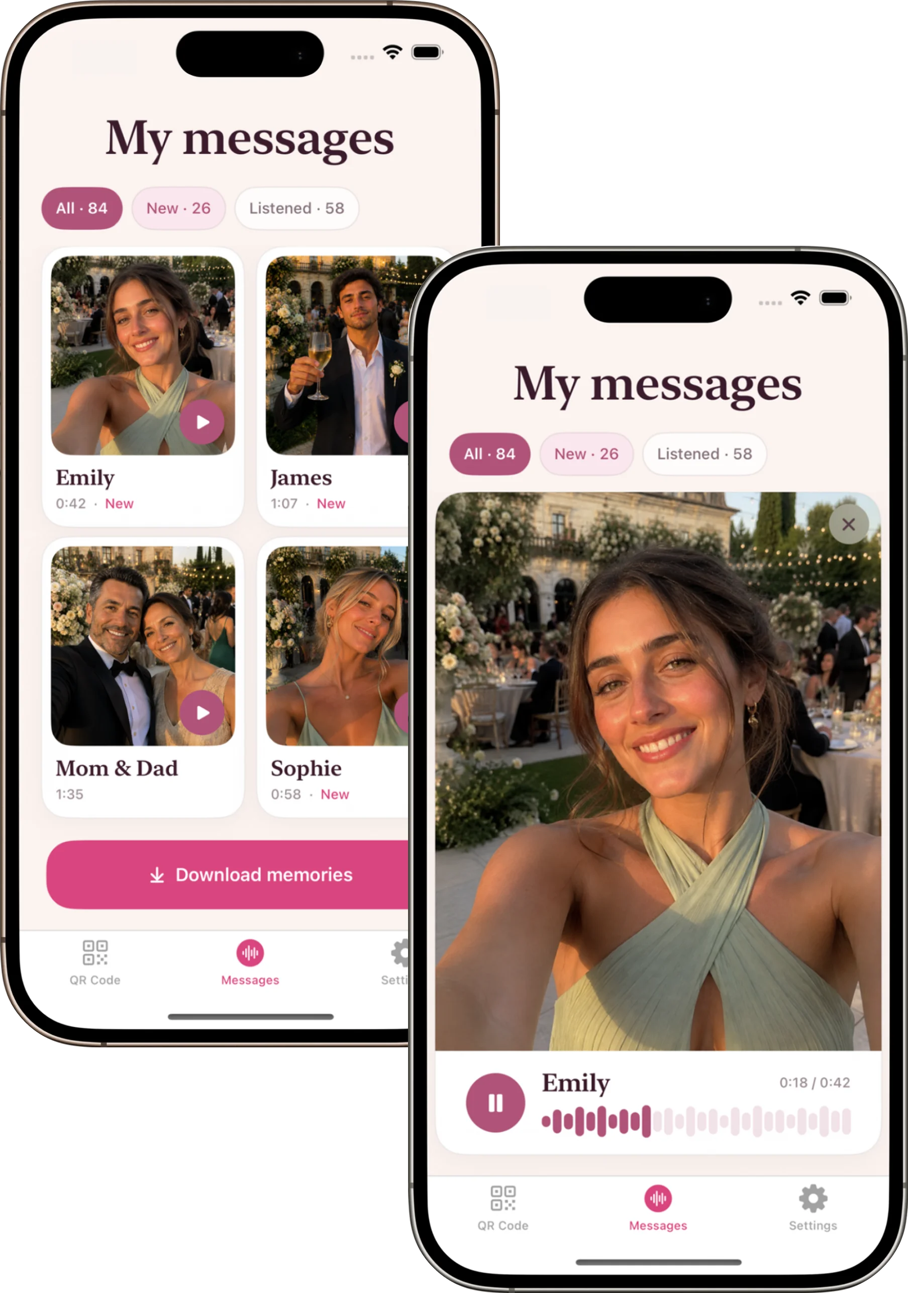 Wedding Audio iPhone app showing received wedding voice messages