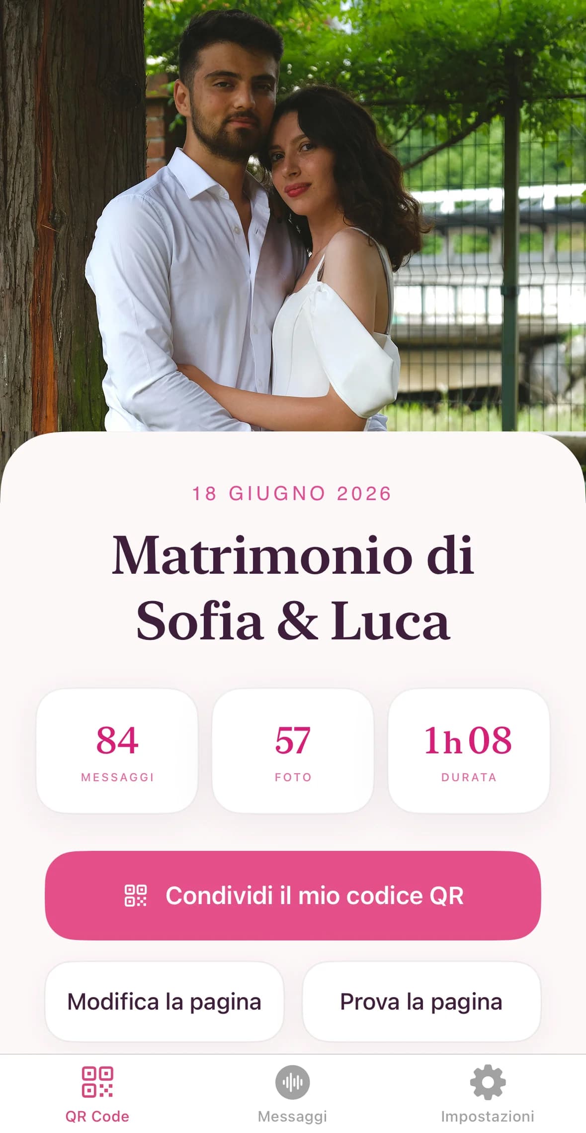 Dashboard Matrimonio Audio con QR code